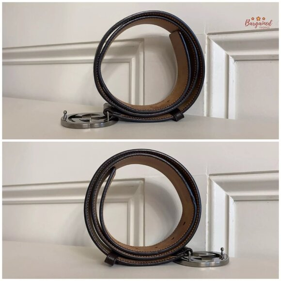 Authentic Gucci Web Canvas Brown Leather Silver Interlocking G Buckle Belt 85/34 - Picture 9 of 12